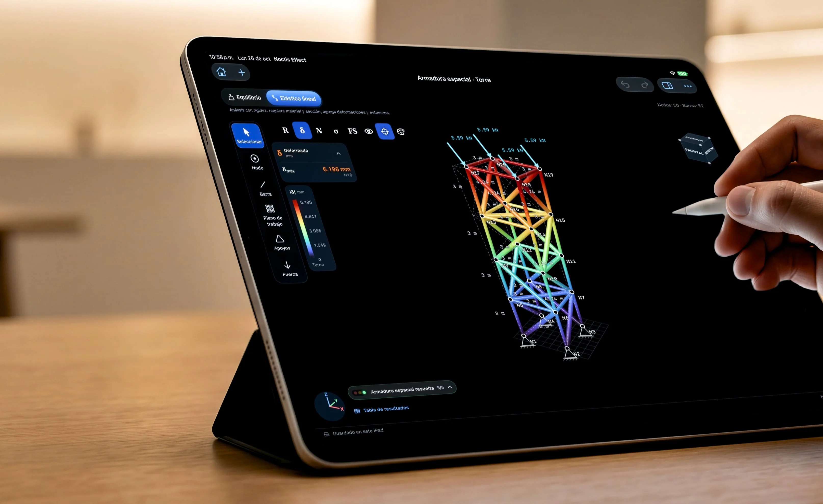 Noctis Effect showing structural analysis of a tower on iPad with Apple Pencil