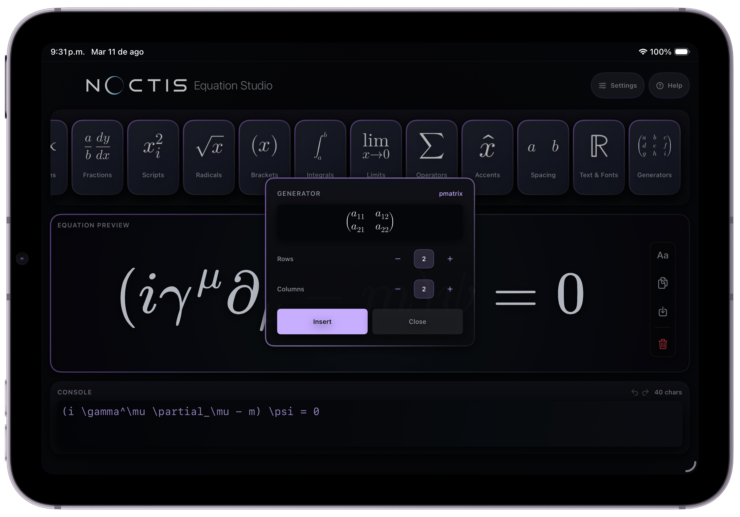 The matrix generator in Equation Studio building a 2×2 matrix