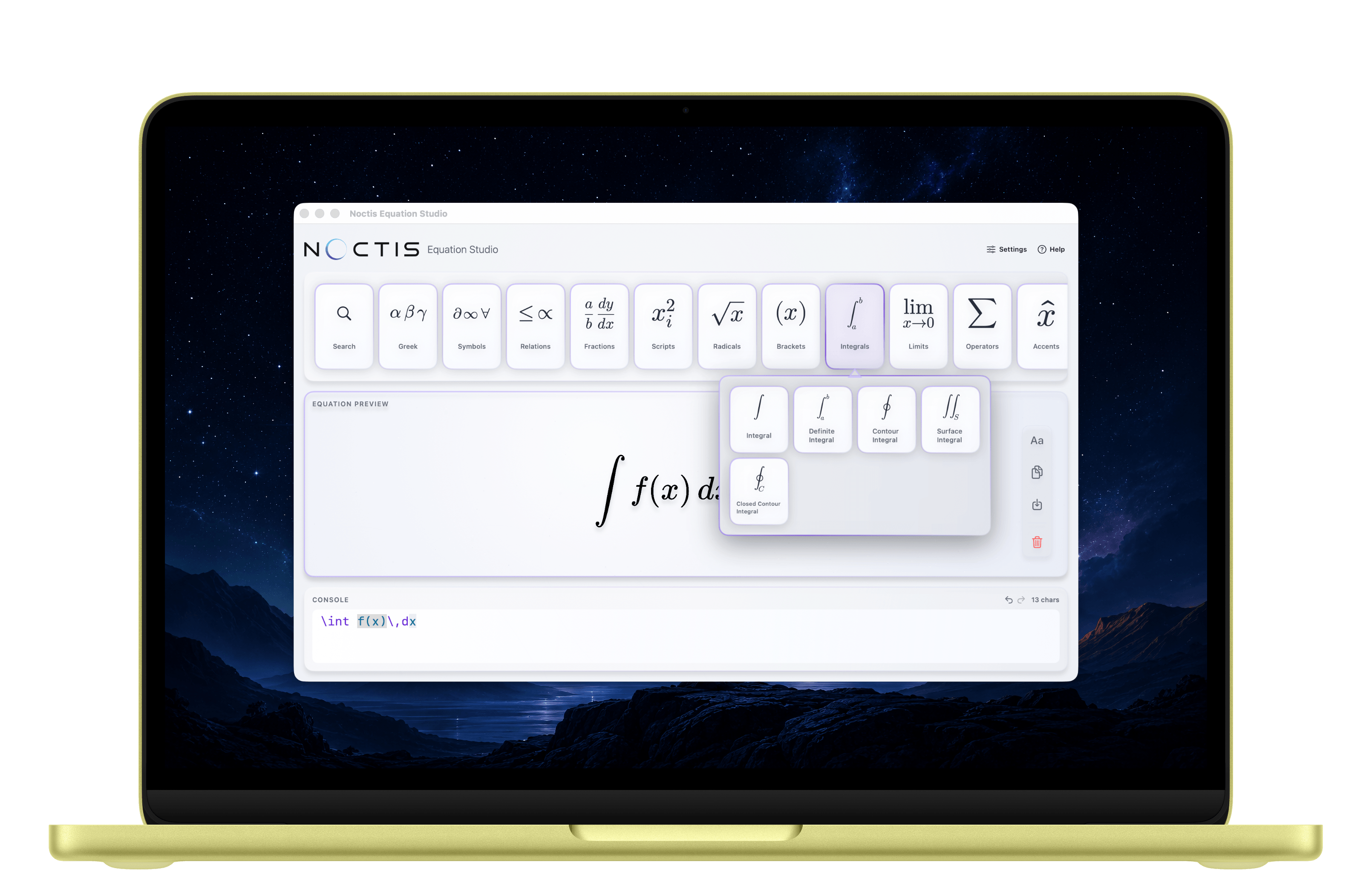 The Equation Studio symbol library open beside a live expression