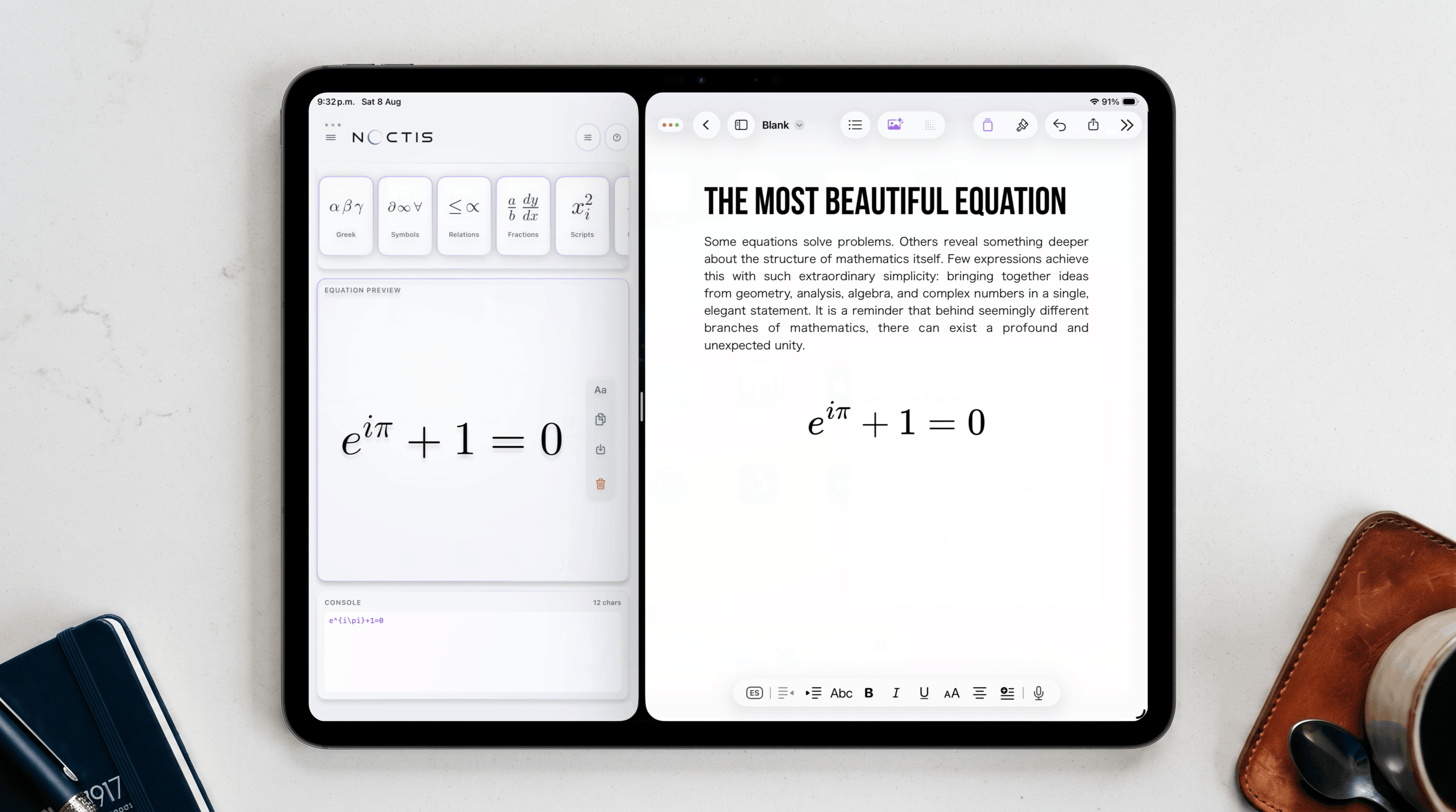 Noctis Equation Studio rendering mathematical expressions