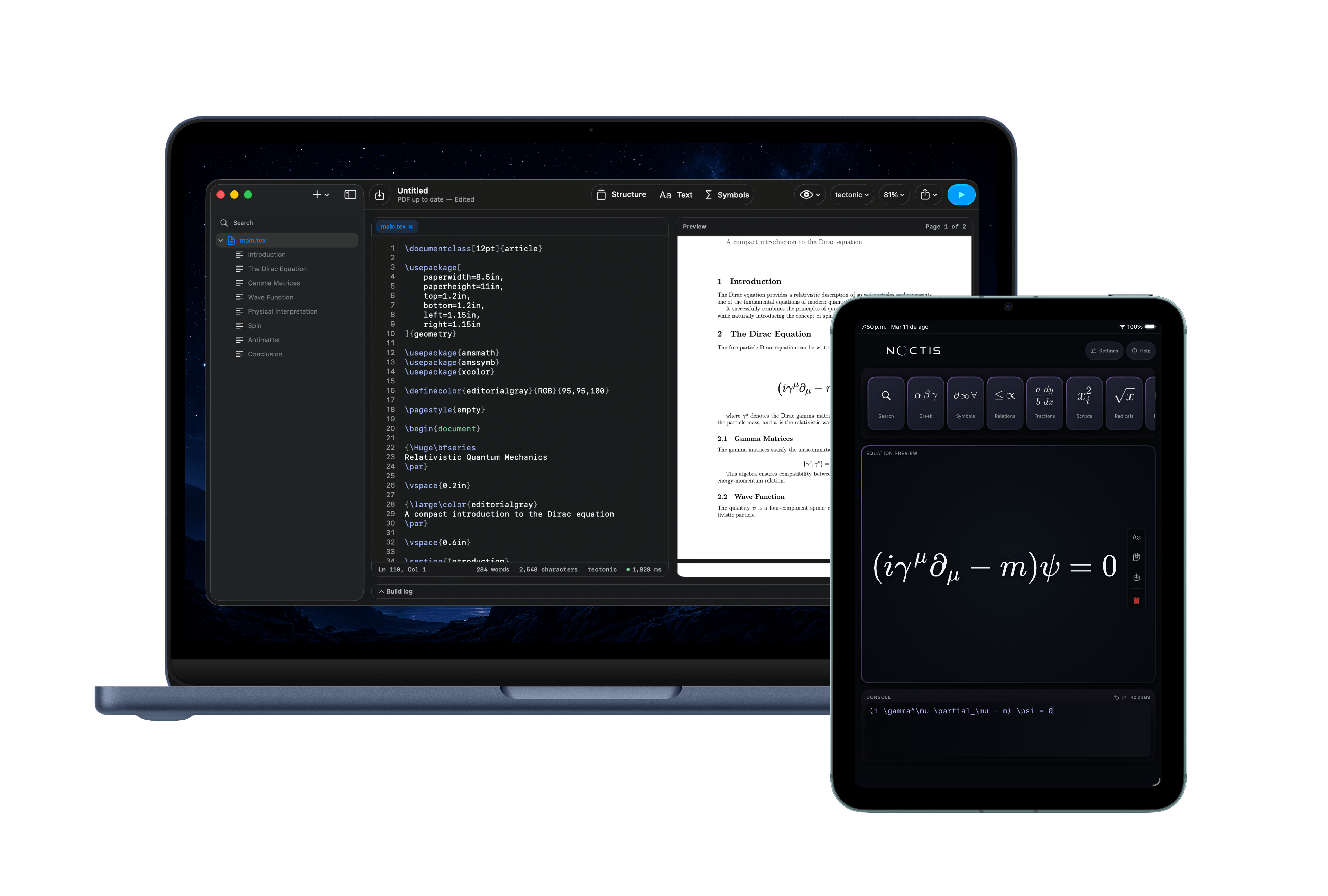 Noctis Equation Studio open on an iPad and a MacBook together under a starlit sky