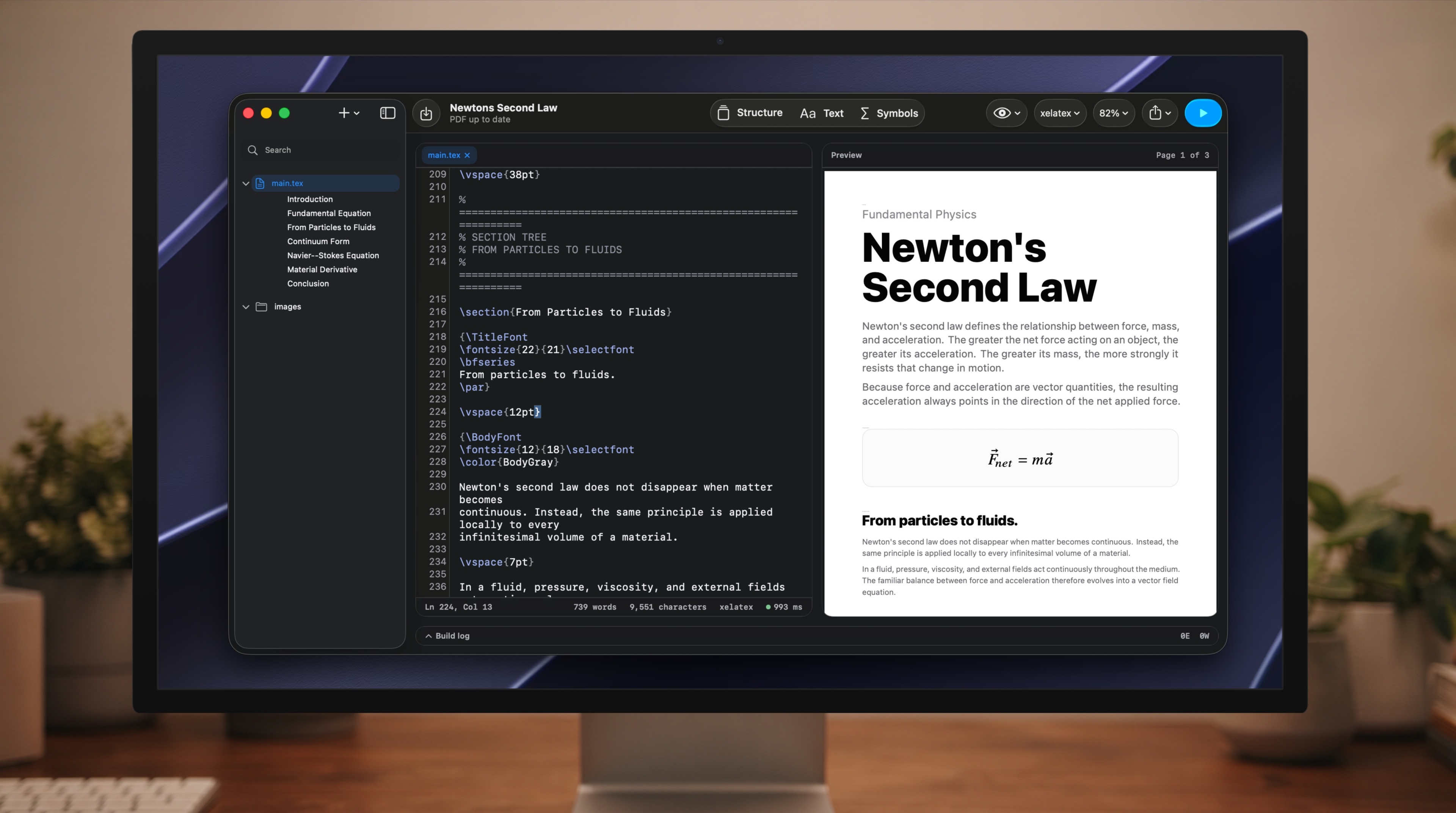 Noctis Paper Studio compiling a LaTeX document to a live PDF preview