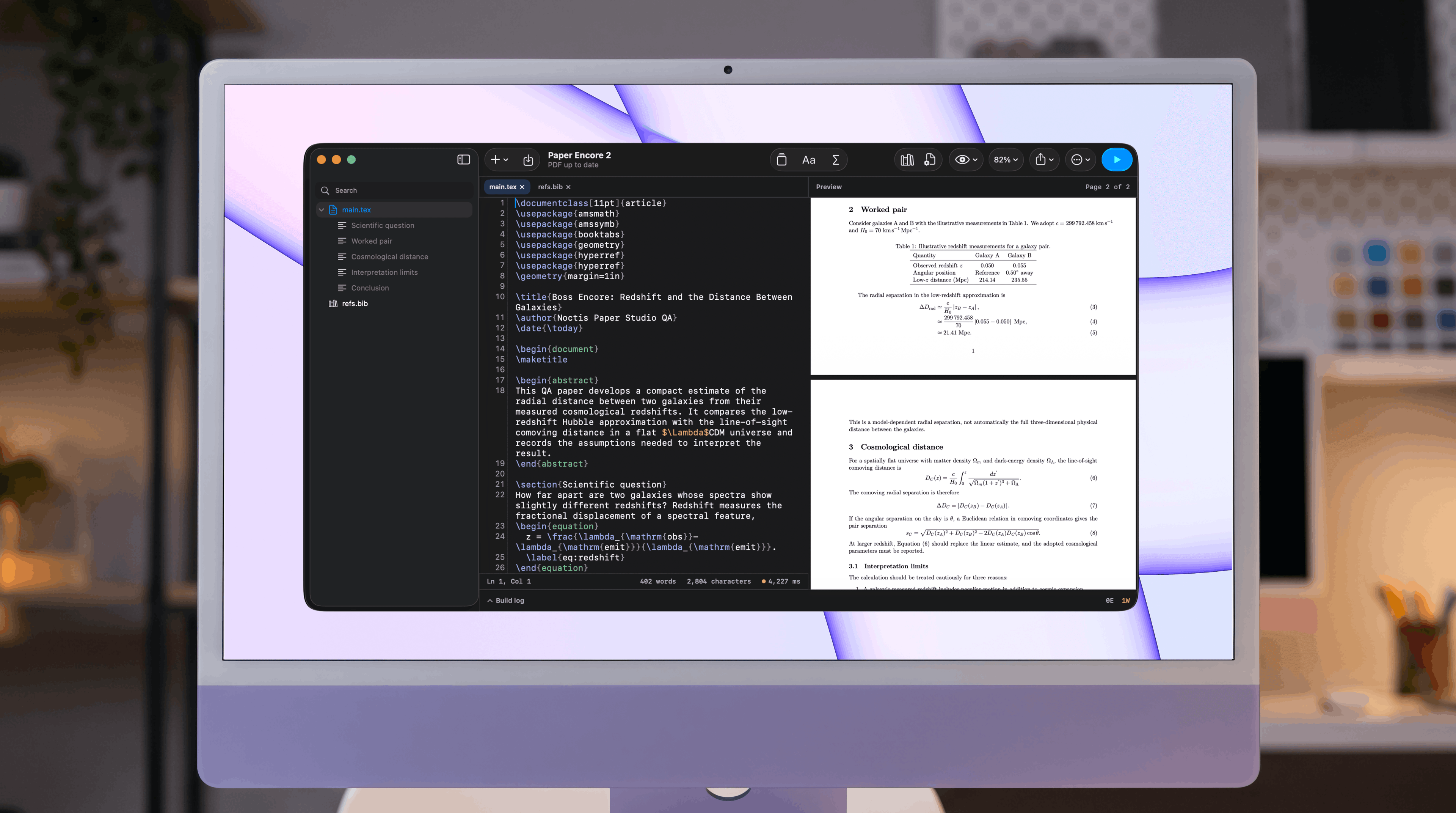 Noctis Paper Studio showing LaTeX source beside its compiled PDF