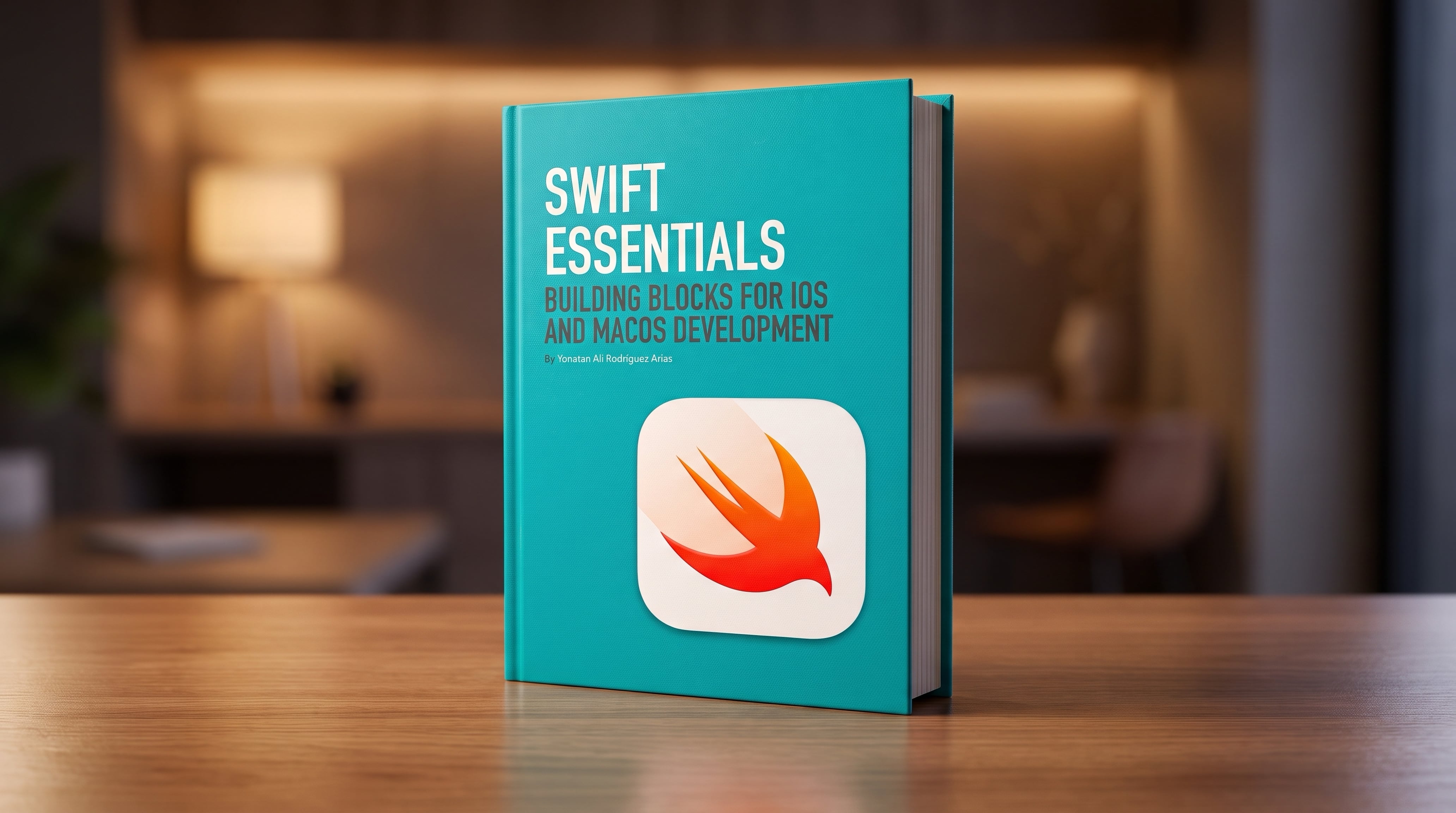 Swift Essentials book standing on a desk