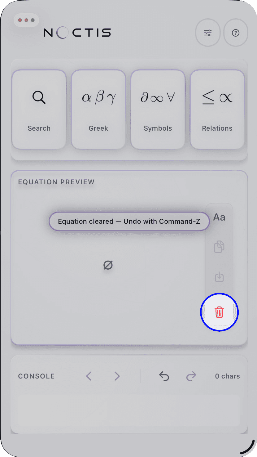 The Equation Studio clear button highlighted on the export rail
