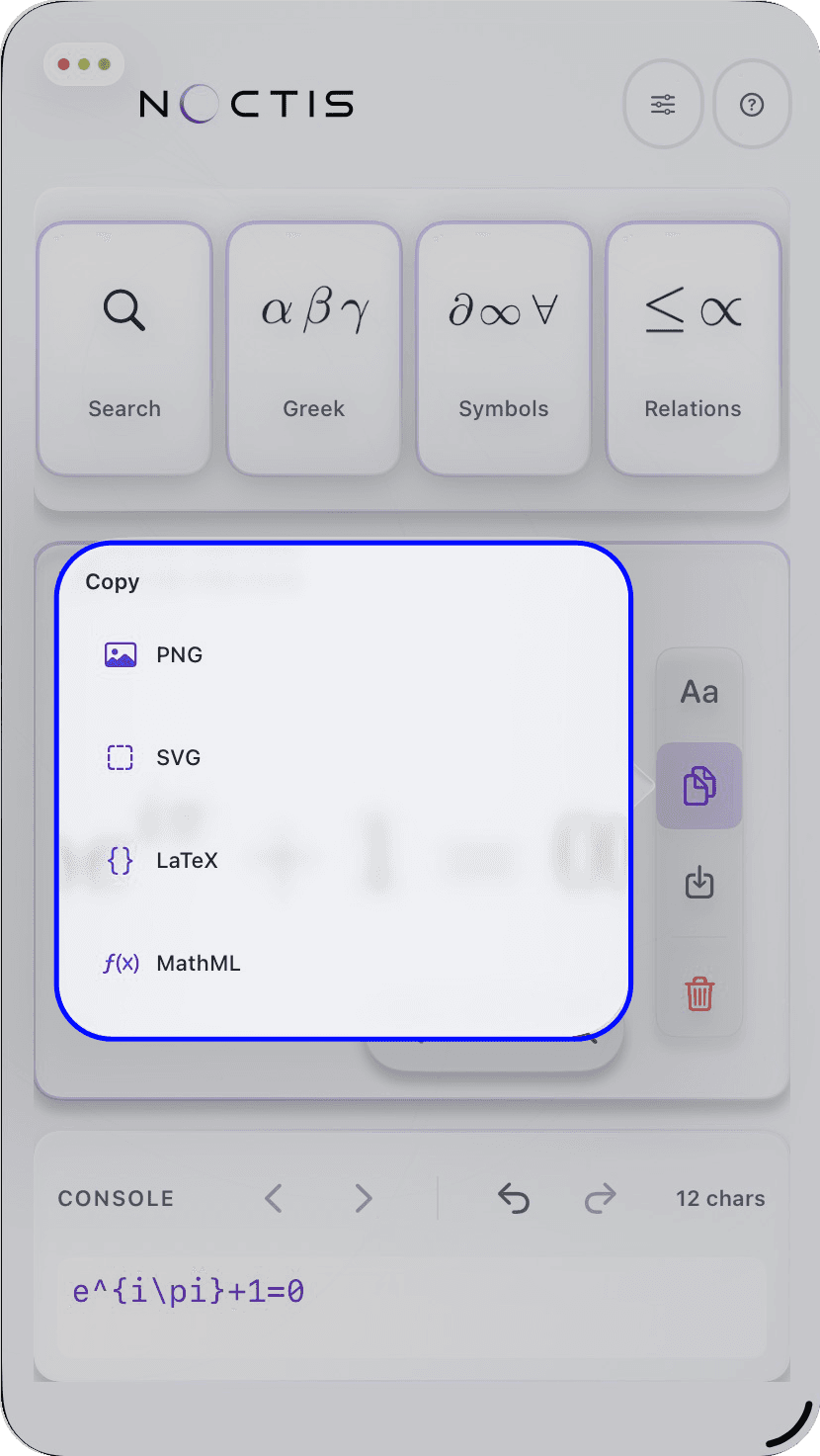 The Equation Studio Copy menu showing supported export formats