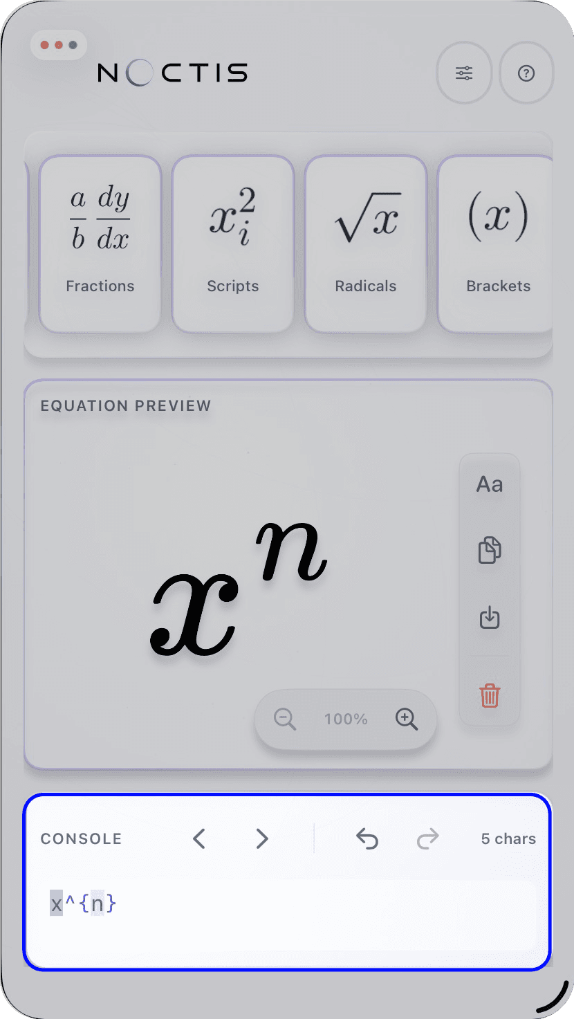 Editable guided placeholders highlighted in the Equation Studio console