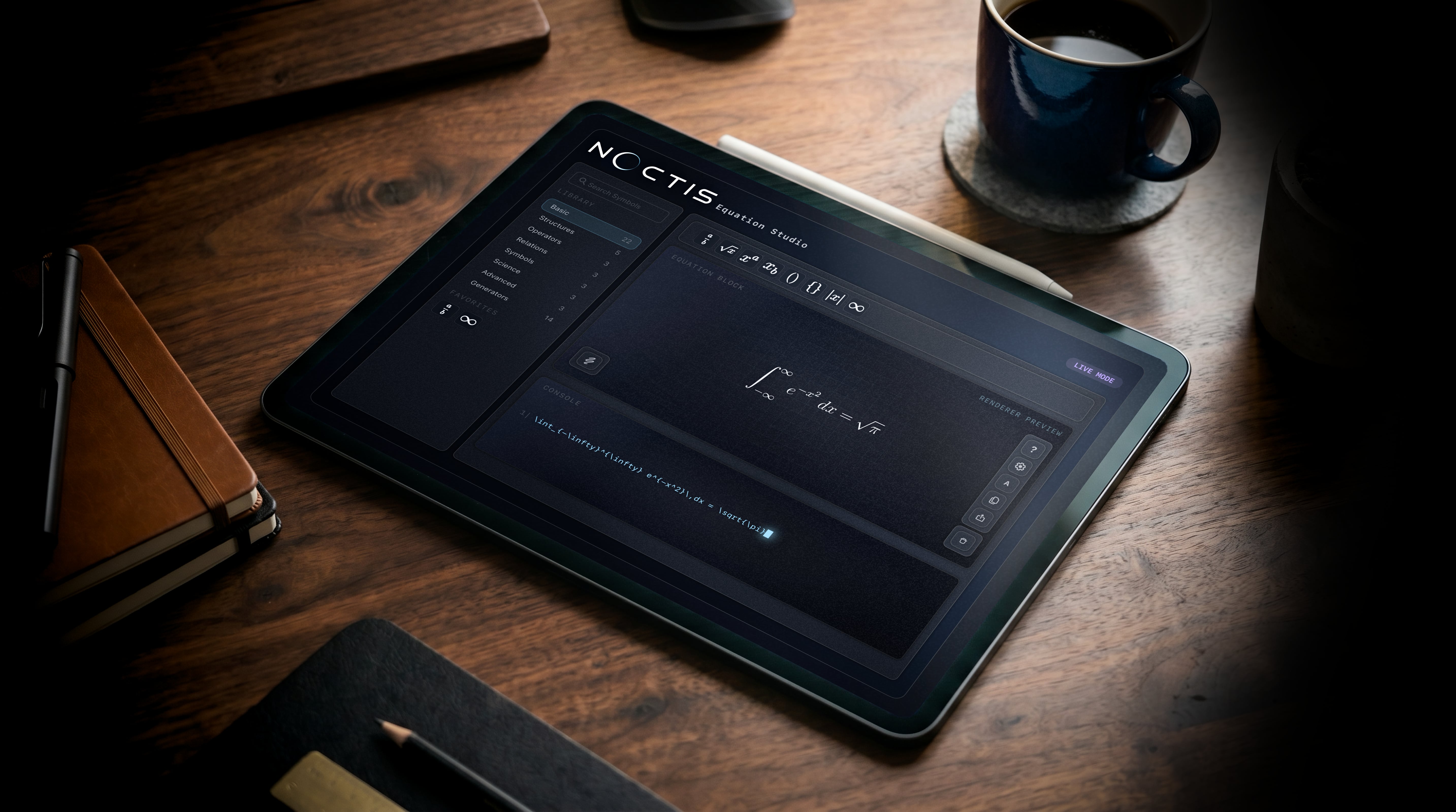 Noctis Equation Studio running on an iPad beside a notebook and coffee on a wooden desk.