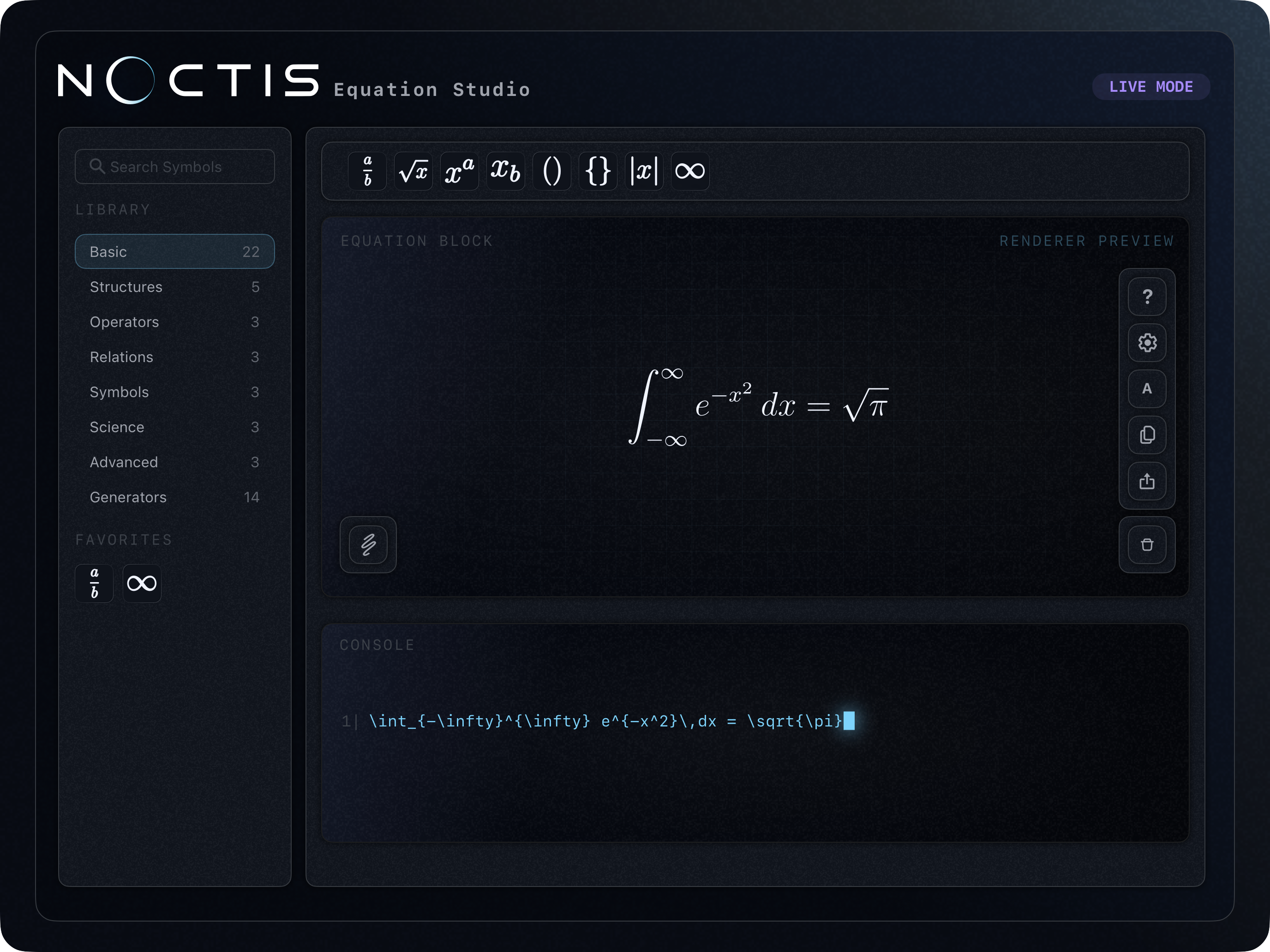 Noctis Equation Studio interface with equation library, live renderer preview, and LaTeX console.