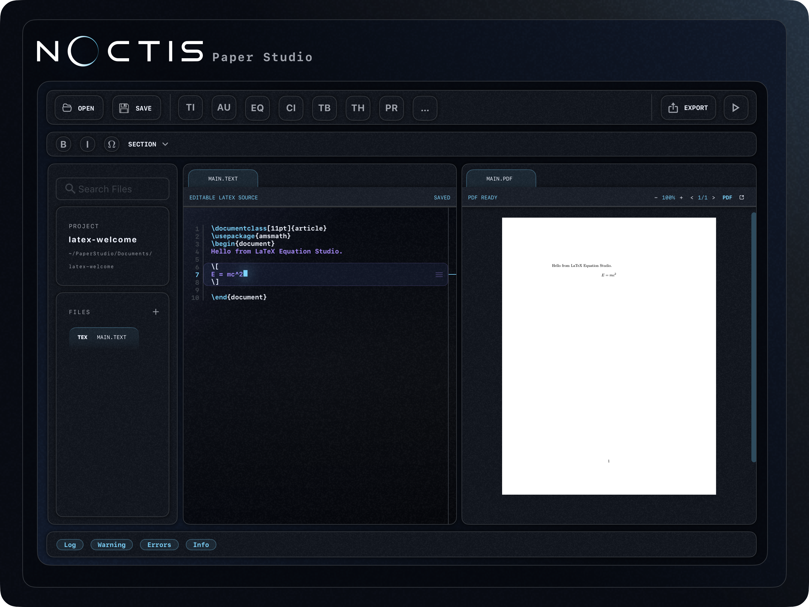 Noctis Paper Studio interface with LaTeX document editor, file sidebar, PDF preview, and export controls.
